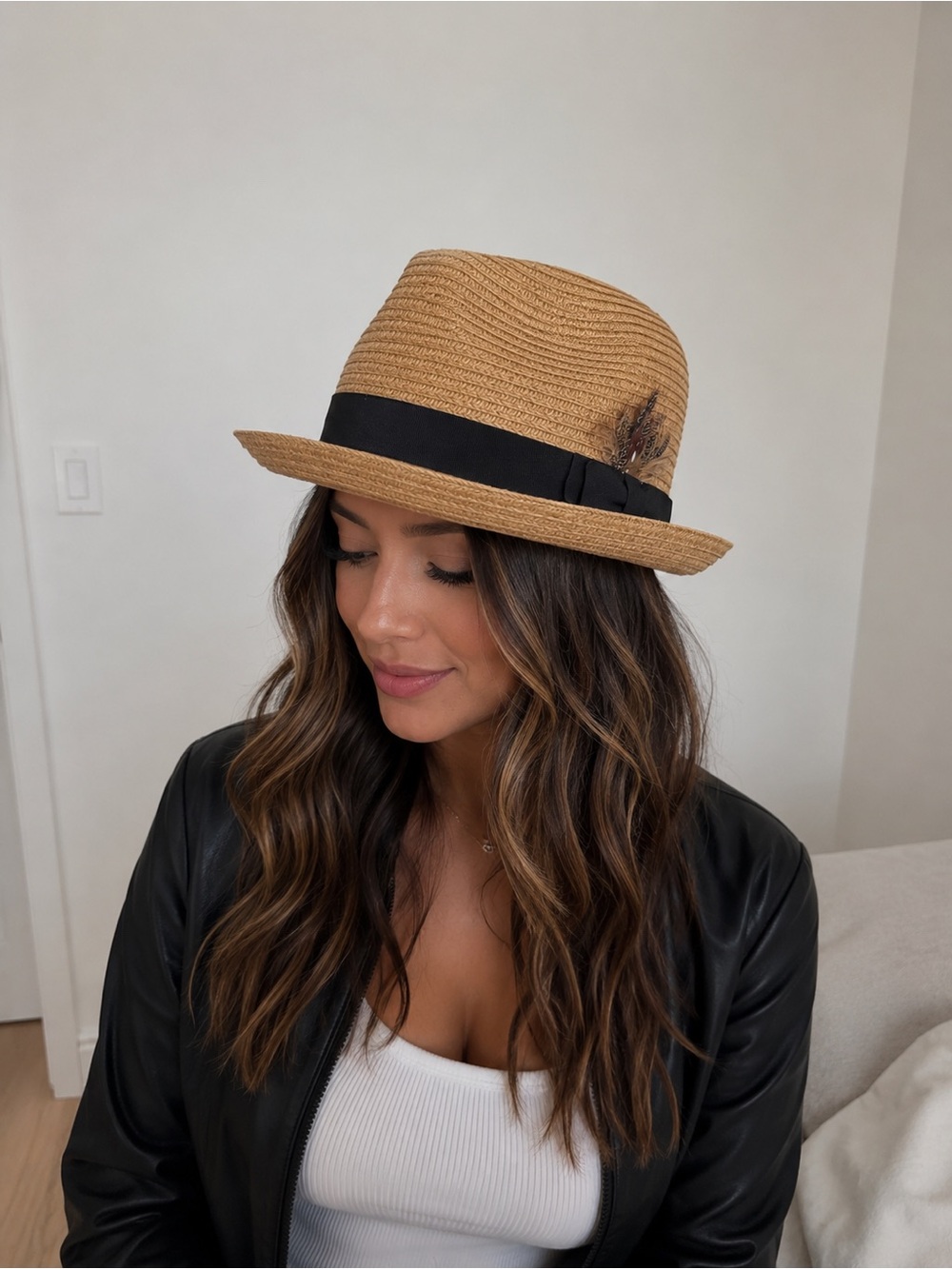 Nine West Tan Straw Fedora with Black Band